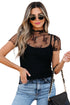 Black Floral Sheer Mesh Short Sleeve Mock Neck Blouse