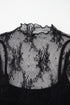 Black Floral Sheer Mesh Short Sleeve Mock Neck Blouse