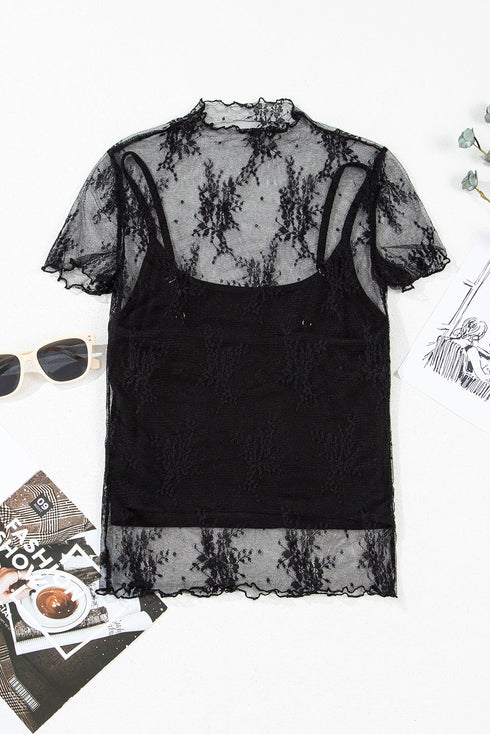 Black Floral Sheer Mesh Short Sleeve Mock Neck Blouse