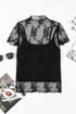 Black Floral Sheer Mesh Short Sleeve Mock Neck Blouse