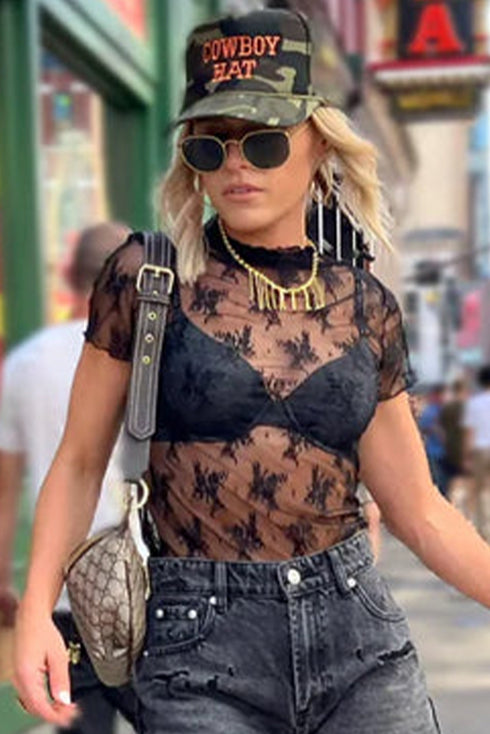 Black Floral Sheer Mesh Short Sleeve Mock Neck Blouse
