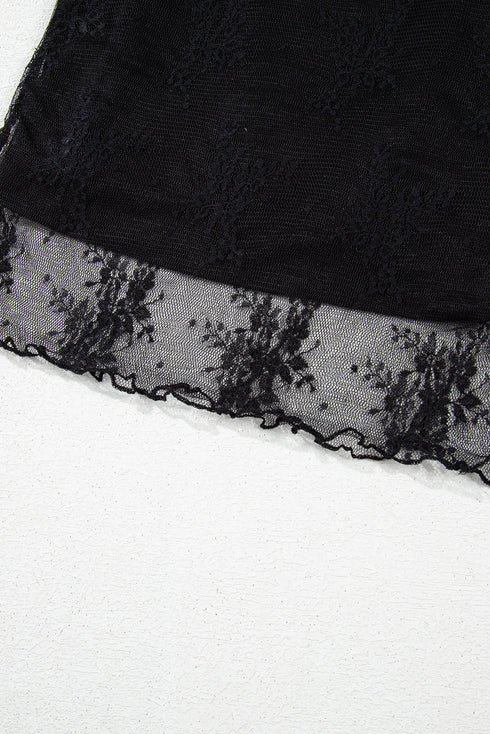 Black Floral Sheer Mesh Short Sleeve Mock Neck Blouse