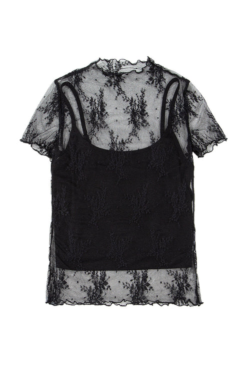 Black Floral Sheer Mesh Short Sleeve Mock Neck Blouse