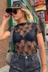 Black Floral Sheer Mesh Short Sleeve Mock Neck Blouse