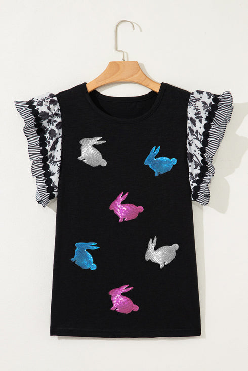 Black Floral Striped Patchwork Flutter Sleeve Easter Bunny Patched Blouse