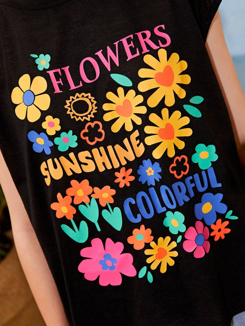 Black FLOWERS SUNSHINE COLORFUL Graphic T Shirt