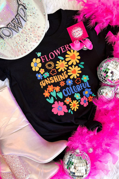Black FLOWERS SUNSHINE COLORFUL Graphic T Shirt