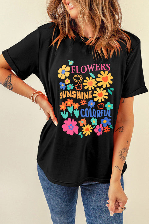 Black FLOWERS SUNSHINE COLORFUL Graphic T Shirt