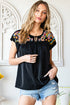 Black Geometric Floret Embroidered Short Sleeve Blouse