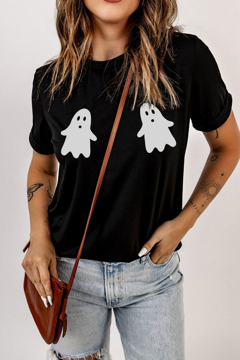 Black Ghost Halloween Print Crew Neck T Shirt