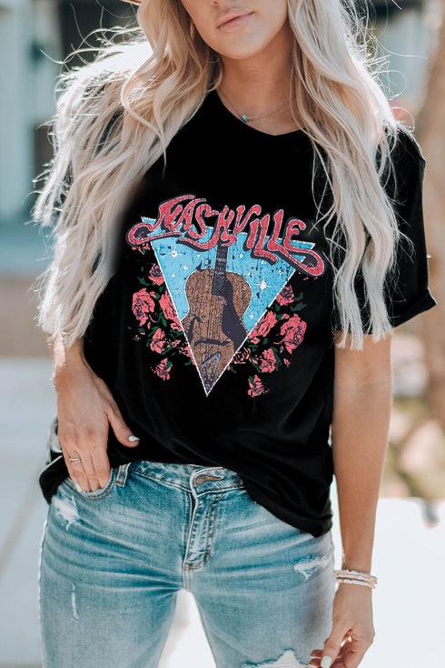 Black Guitar Flower Letter Graphic Print Short Sleeve T Shirt