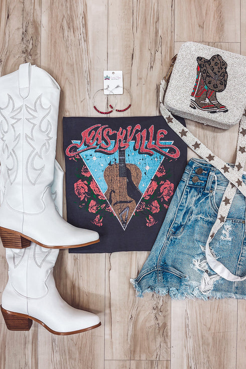 Black Guitar Flower Letter Graphic Print Short Sleeve T Shirt