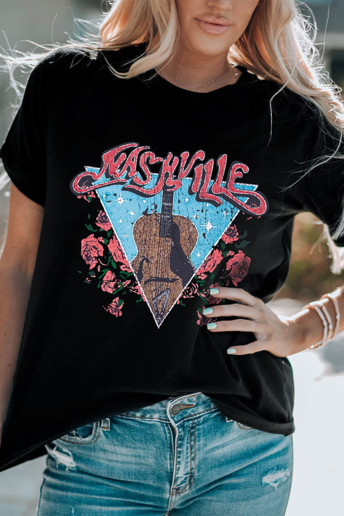 Black Guitar Flower Letter Graphic Print Short Sleeve T Shirt