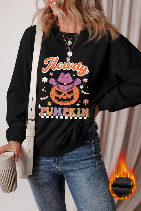 Black Halloween Howdy PUMPKIN Print Crew Neck Pullover Sweatshirt