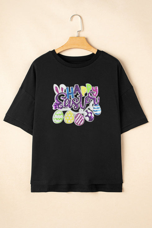 Black Happy Easter Sequin Graphic Dropped Shoulder T Shirt