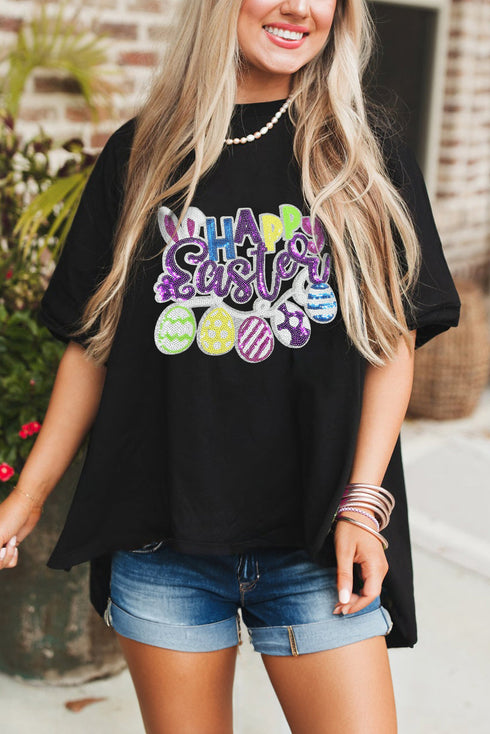 Black Happy Easter Sequin Graphic Dropped Shoulder T Shirt