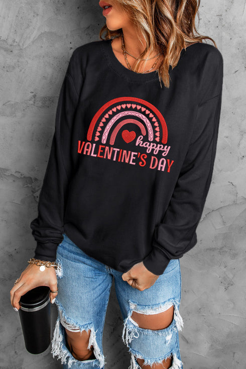 Black Happy Valentine'S Day Graphic Embroidered Sweatshirt