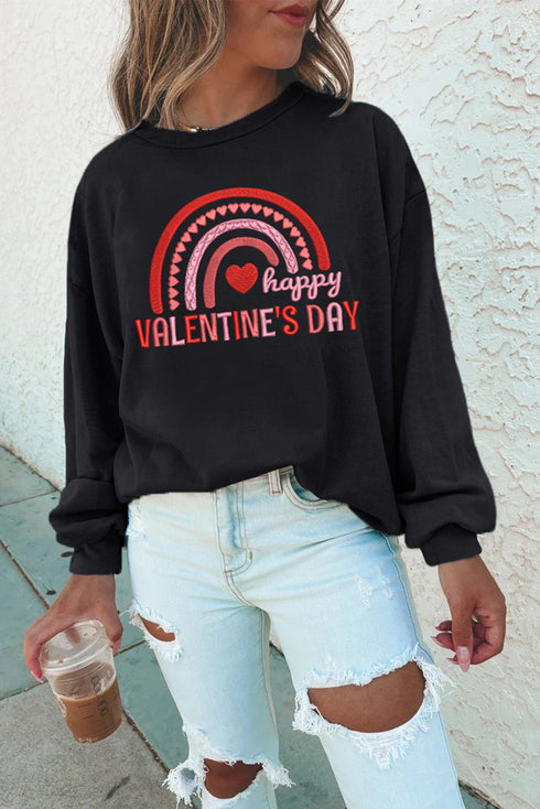 Black Happy Valentine'S Day Graphic Embroidered Sweatshirt