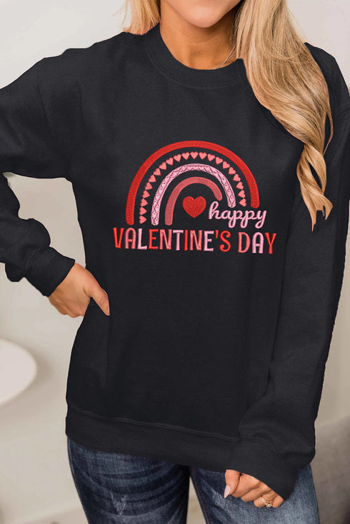 Black Happy Valentine'S Day Graphic Embroidered Sweatshirt