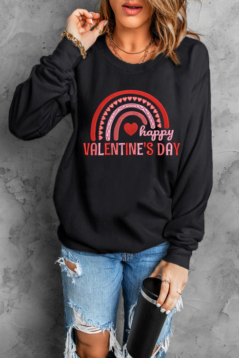 Black Happy Valentine'S Day Graphic Embroidered Sweatshirt