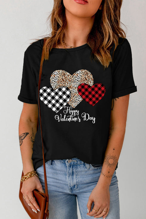 Black Happy Valentine'S Day Hearts Print Short Sleeve T Shirt