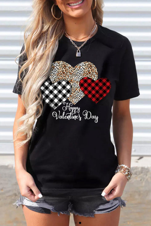 Black Happy Valentine'S Day Hearts Print Short Sleeve T Shirt