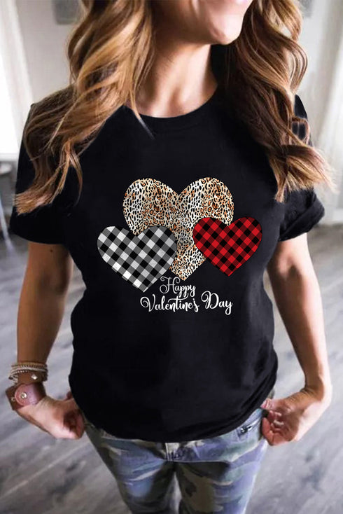 Black Happy Valentine'S Day Hearts Print Short Sleeve T Shirt