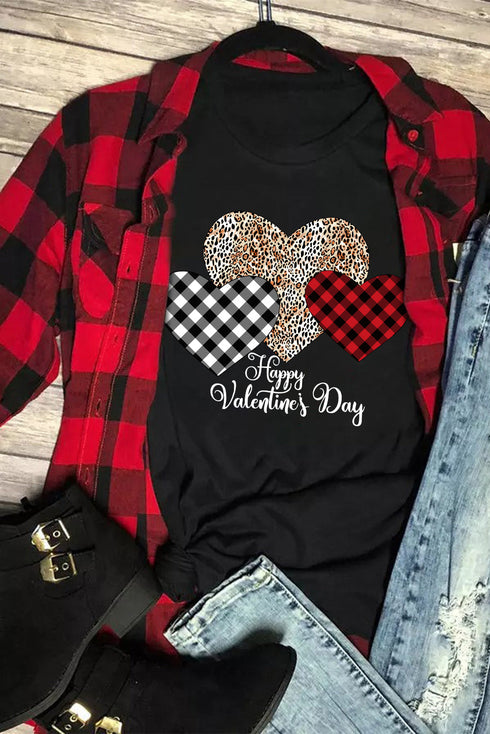 Black Happy Valentine'S Day Hearts Print Short Sleeve T Shirt
