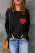 Black Heart Shape Glitter Pattern Print Long Sleeve Top