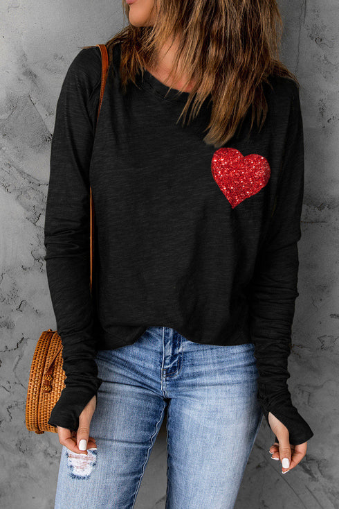 Black Heart Shape Glitter Pattern Print Long Sleeve Top