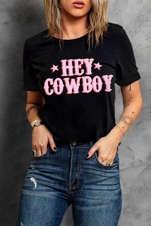 Black Hey Cowboy Letters Crew Neck T-Shirt