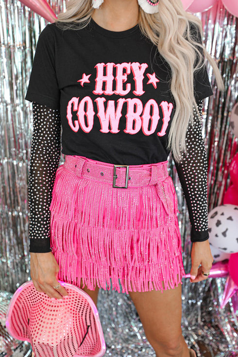Black Hey Cowboy Letters Crew Neck T-Shirt