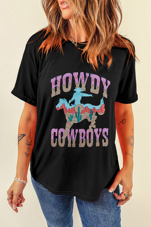 Black HOWDY COWBOYS Western Fashion Graphic Tee