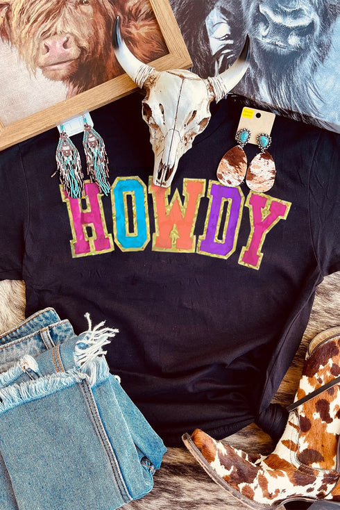 Black Howdy Glitter Patch Graphic Tee