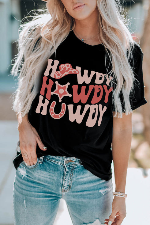 Black Howdy Letter Graphic Print Short Sleeve T Shirt