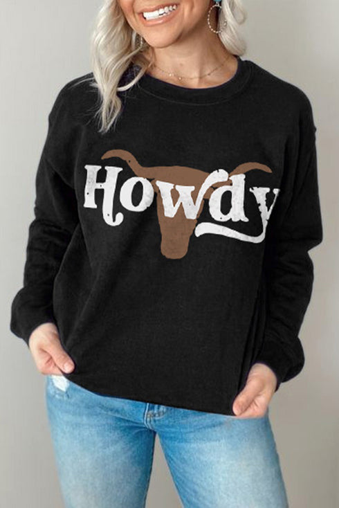 Black Howdy Steer Head Print Long Sleeve Sweatshirt