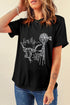 Black Howdy Western Cow Embroidered O Neck T Shirt
