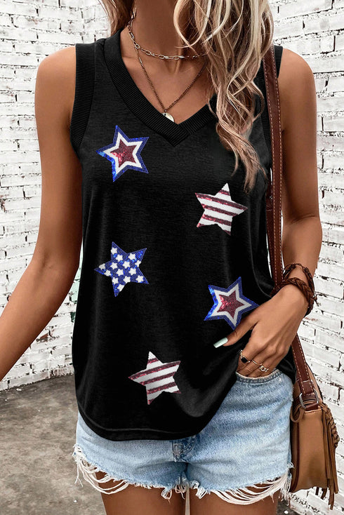 Black July 4th Sequin Star Patched V Neck Tank Top
