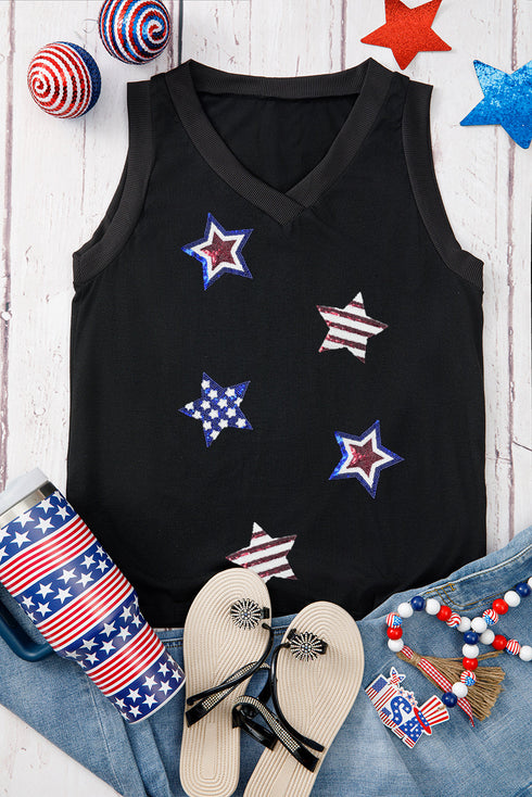 Black July 4th Sequin Star Patched V Neck Tank Top