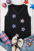 Black July 4th Sequin Star Patched V Neck Tank Top