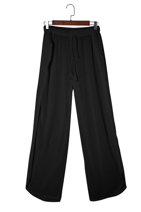 Black Lace Trim Along Split Leg Beach Cover Up Pants