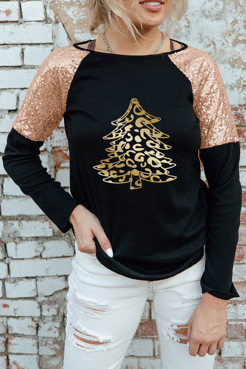 Black Leopard Christmas Sequin Patchwork Long Sleeve Top