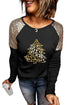 Black Leopard Christmas Sequin Patchwork Long Sleeve Top
