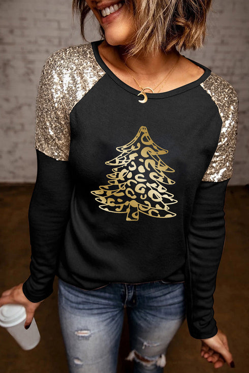 Black Leopard Christmas Sequin Patchwork Long Sleeve Top