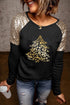 Black Leopard Christmas Sequin Patchwork Long Sleeve Top