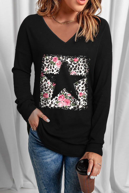Black Leopard Floral Star Print V Neck Long Sleeve Top