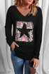 Black Leopard Floral Star Print V Neck Long Sleeve Top