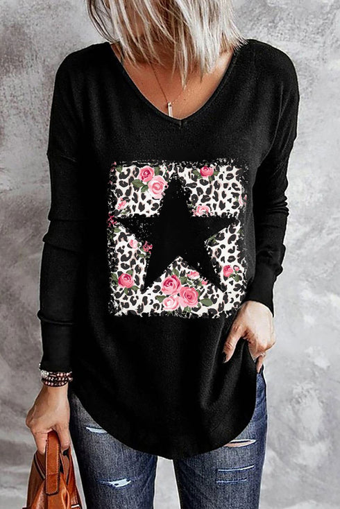 Black Leopard Floral Star Print V Neck Long Sleeve Top