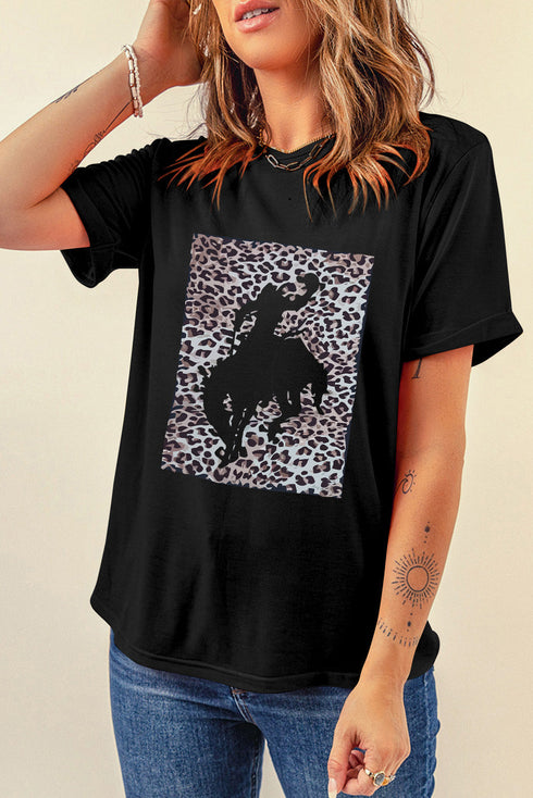 Black Leopard Hollowed Cowboy Graphic T-shirt