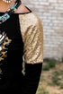Black Leopard Letter Print Sequin Patchwork Long Sleeve Top